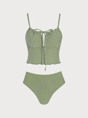 Samiol Green Striped Tie Front Tankini Set Size L thumbnail 5