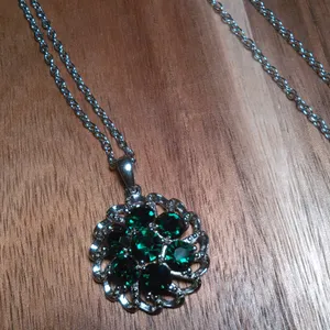 Green Crystal Floral Platinum over Brass Pendant Stainless Steel Necklace thumbnail 6