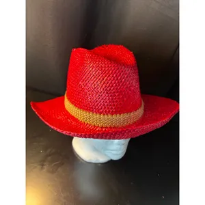 Red Straw Cowboy Hat‎ with Woven Band and Feather Accent Western Style Fedora thumbnail 7