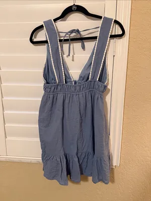 Light Blue V-Neck Smocked Sundress with White Trim thumbnail 2