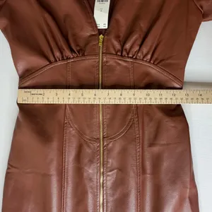 NWT By Anthropologie Vegan Leather Puff Sleeve Zip Front Midi Dress Size 2 Brown thumbnail 11