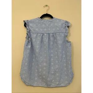 Loft Blue White Stripe Daisy Ruffle Button Front Top Women's Medium thumbnail 4