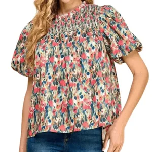 TCEC GREEN FLORAL SMOCK TOP puff sleeve cotton size medium thumbnail 1