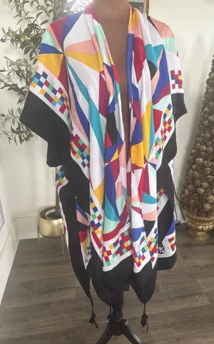 Jessica McClintock Geometric Abstract Kimono Wrap Multi Color Tassel OS thumbnail 1
