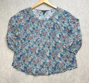 Lauren Ralph Lauren Blue Paisley Henley Blouse XL‎ 3/4 Sleeve Cotton Viscose Top thumbnail 1