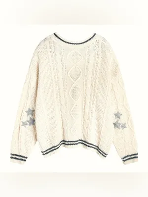 Cardigan Cream Star Knit Sweater Size Large thumbnail 4