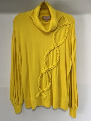 Laurie Felt Women’s L Yellow Braided Knit Sweater Turtleneck Balloon Sleeve thumbnail 2
