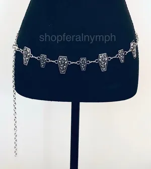 Women's Silver Coffin Skull Chain Belt Body Chain, Fits 14-43 Inches, X7G9A1393 thumbnail 1