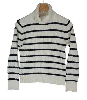 American Living Sweater Womens Large Ivory Blue Striped Cable Knit Turtleneck thumbnail 1