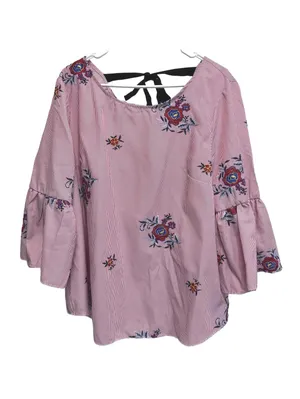 Nine West Red and White Striped Floral Embroidered Bell Sleeve Blouse Size XL thumbnail 3