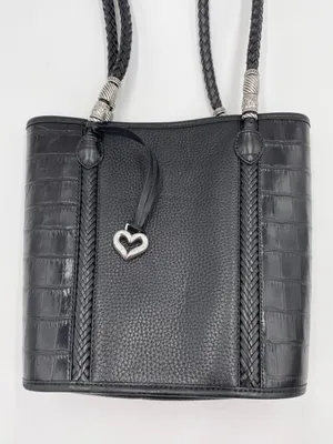 Vintage Brighton Black Pebbled Leather Croc Embossed Shoulder Bag Bucket Tote thumbnail 3