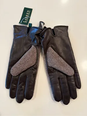 Lauren Ralph‎ Lauren Herringbone Wool Gloves Brown Leather thumbnail 2
