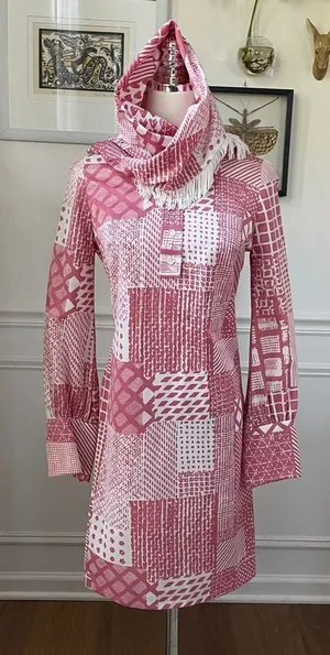 Vintage 70s Mauve Pink White Retro Print Shift Dress Scarf XS S thumbnail 1