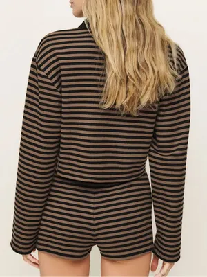 Reformation Anna Rugby Shirt Black And Tan Stripe Extra Large Crop Polo Sporty thumbnail 3