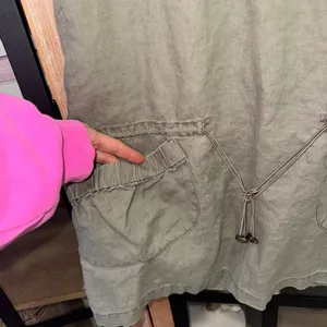 Sisley y2k mini dress vneck olive linen drop hem a-line pockets drawstring thumbnail 5