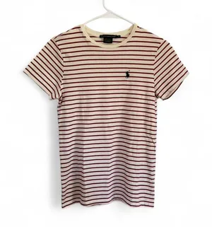 Ralph Lauren Sport Women’s Top 100% Pima Cotton Striped Pony Ecru Magenta Small thumbnail 1