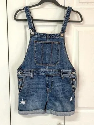 Old Navy Denim Distressed Shortalls Jean Cuffed Short Bib Overalls Size Small thumbnail 1