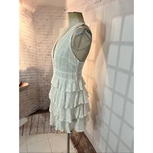 Saints & Secrets White Plunging Neck Ruffle Tiered Sleeveless Mini Dress Medium thumbnail 3