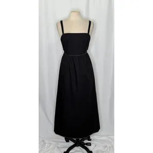ZARA‎ Luiza Black Midi Dress Tie Back Contrast Stitching Pockets Poplin X-Large thumbnail 2