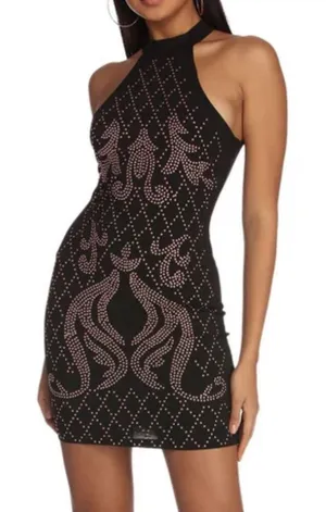 🔥🔥 5/$25 sale 🔥🔥 Windsor Women's Studded Halter Bodycon Dress Black Rose Gold thumbnail 1