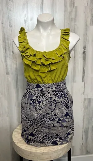 Forever 21 Maca Ruffled Top Geometric Print Mini Dress Womens Small Chartreuse Blue thumbnail 1