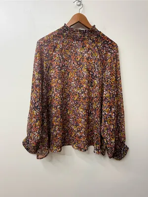 Mango Sheer Floral High-Neck Balloon Sleeve Blouse Size 8 thumbnail 3