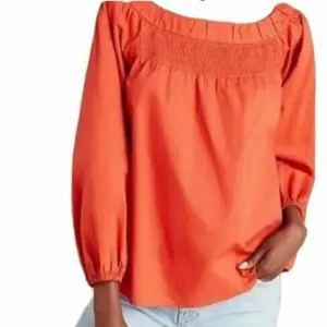 Anthropologie Maeve coral smocked neck long sleeve blouse small thumbnail 3