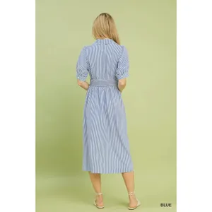 Umgee Striped Midi Dress with Front Zipper - Blue‎ - Medium thumbnail 3