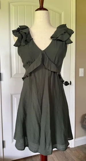 MI AMI Olive Green Ruffle V Neck Open Back Tie Mini‎ Dress Women's Size S thumbnail 1