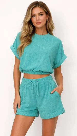 Elan Terry Cloth Matching Set Crop Top Shorts Teal Small Medium Beachy Resort thumbnail 1