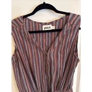 Pact Organic Cotton Cropped Jumpsuit Romper Women's Med Brown Striped Boho Fall thumbnail 2