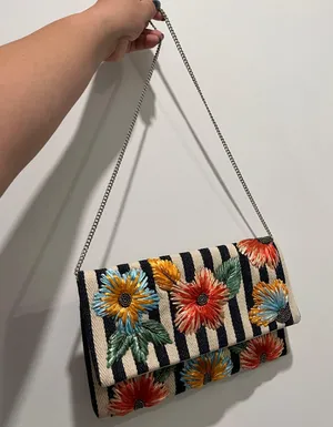 Sustainable Handmade Purse Clutch Silver Chain Bag beaded Embroidered Flowers Handmade Local Artist coastal stripes thumbnail 1