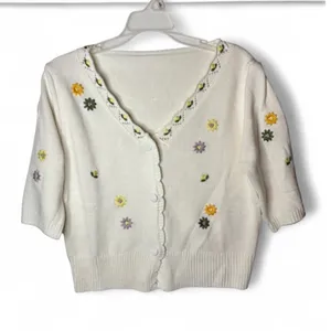 Grandmacore Floral Cardigan Sweater Womens M White Embroidered Knit V-Neck thumbnail 1