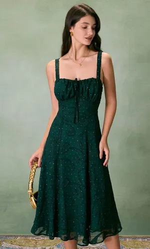 Rihoas Green Square Neck Jacquard Slit Midi Dress thumbnail 1
