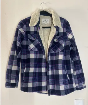 Soho Threads Womens Fleece Lined Plaid Jacket Purple Navy Blue Shacket Medium thumbnail 1
