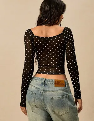 Black polka dot V-neck long-sleeved top thumbnail 2
