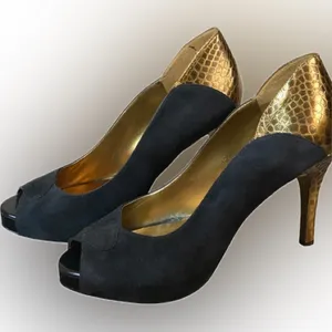 Guess Black Suede and Gold Peep-Toe Heels thumbnail 1