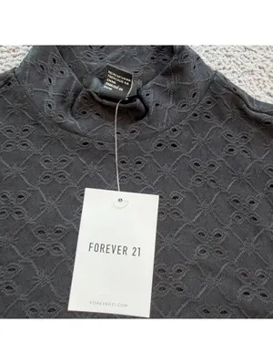 Forever 21 Black Eyelet Mock Neck Long Sleeve Stretch Top Womens Small S NWT thumbnail 6