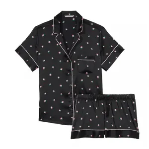 Victoria's Secret Black Satin Rosebud Floral Short Pajama Set Size M Pink Piping thumbnail 2