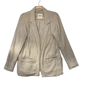 Abercrombie &‎ Fitch Womens L Tan White Striped Linen Blend Open Front Blazer thumbnail 2