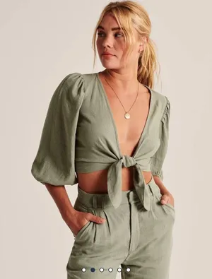 NWT Abercrombie & Fitch Sage Green Tie Front Puff Sleeve Crop Top sz Small thumbnail 2