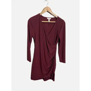 Leith Wrap Dress Womens Size M Burgundy Ruched Long Sleeve V-Neck Bodycon thumbnail 2