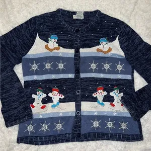Womens White Stag Vintage Ugly Christmas Sweater / Cardigan Snowmen Medium thumbnail 1