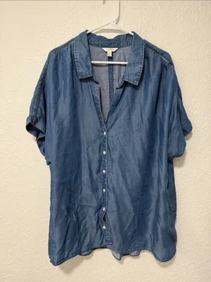 TERRA & SKY 100% Lyocell Blue Short-Sleeve Button-Up Chambray Shirt Size 1X thumbnail 1