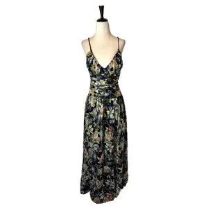 Tanya Taylor‎ Dress Women 00 Black Floral Print Linen Silk Ruched Lovette Maxi thumbnail 3