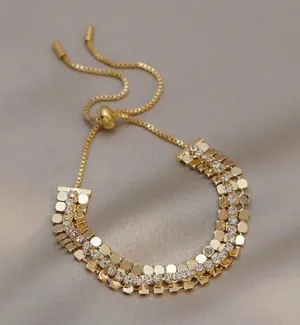18K Gold Plated Adjustable Crystal Metal Sequin Charm Bracelet for Women thumbnail 1