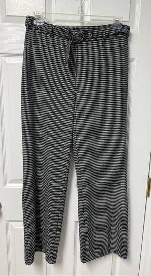 Black & White Houndstooth Wide-Leg Pants with Belt thumbnail 1