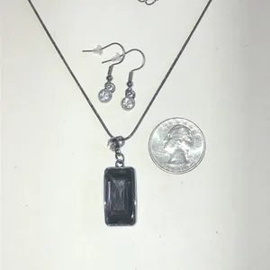 Dark Gray Smoky Gray Rectangle Pendant Necklace and Earrings Set thumbnail 4