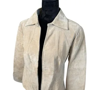 AMI Womens Genuine Suede Leather Jacket Large Tan Full Zip Pockets Lined Neutral thumbnail 3