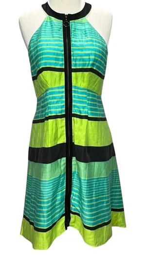 Nanette Lepore Bogatell Dress 2 Green Blue Linen Blend Stripe Feminine Chic ASO‎ thumbnail 1